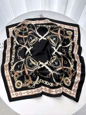 Silk-Feel Black Chain Print Square Scarf